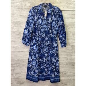 Talbots Dress 2 Womens Blue Floral A Line 3/4 Balloon Sleeve Drawstring Waist